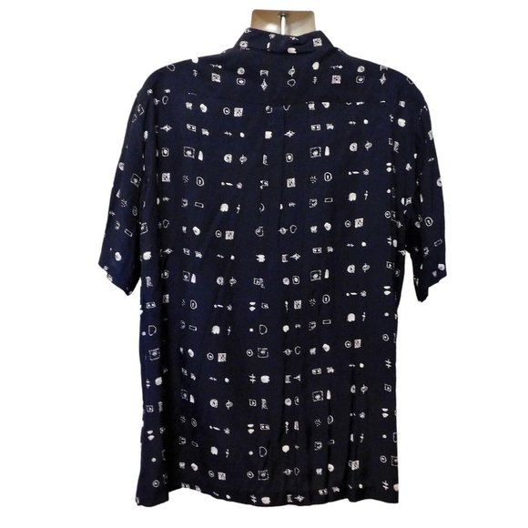 MTO Hawaiian Shirt XL Navy Blue White Print Tropical Short Sleeve - Picture 3 of 6